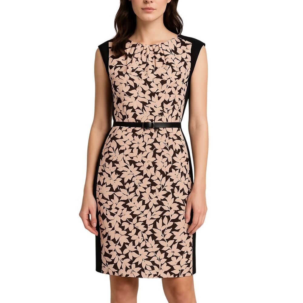 DKNYC Pink Fern Pattern Floral Formal Dress High Neck Midi Pencil Dress Size 8